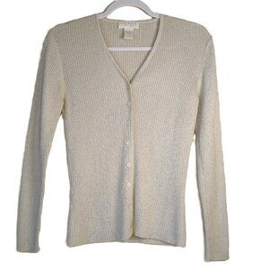 Vtg 80s Express Tricot Beige V-Neck Button Ribbed Knit Cardigan S